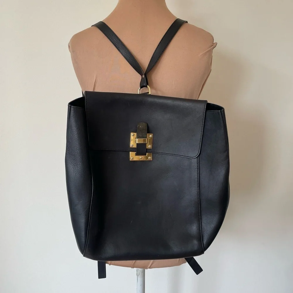Sophie Hulme Black Leather Single Soft Flap Gold Tone Hardware Backpack